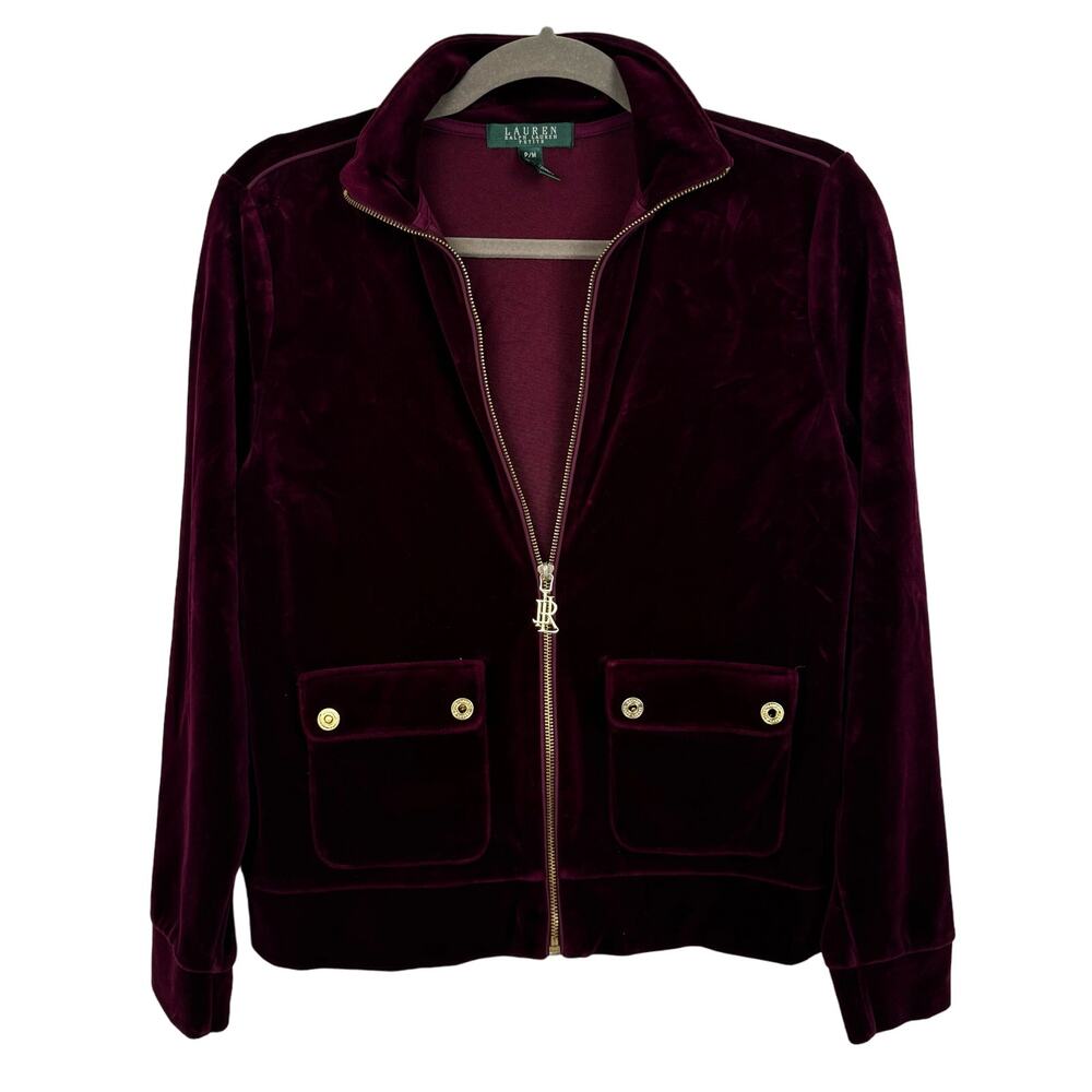 Lauren Ralph Lauren Petite Cranberry Velour Zip Front Track Jacket Size MP
